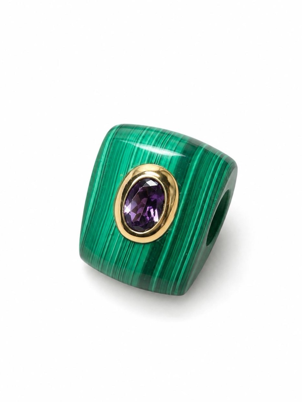 14K Solid Gold Malachite & Purple Amethyst Bezel Set Pendant Charm 17x13mm